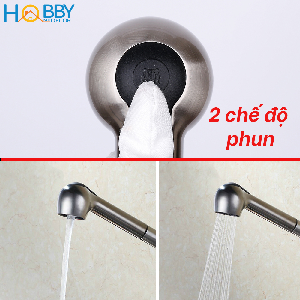 Vòi rửa chén nóng lạnh dây rút HOBBY VDR2 Inox 304 - 2 chế độ phun - đầu vòi kéo dài tiện lợi  - kèm 2 dây cấp nóng lạnh 60cm