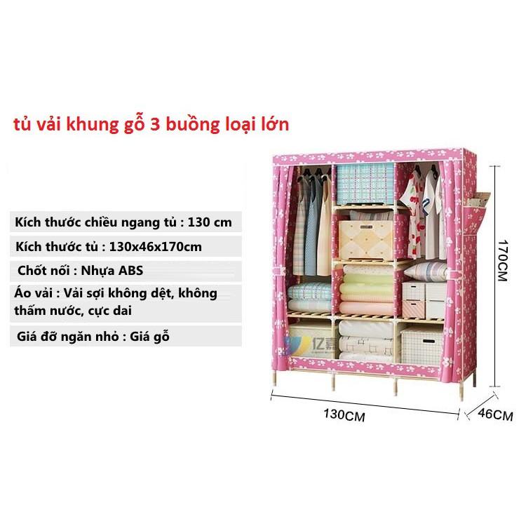 Tủ vải khung Gỗ 3 buồng nhiều họa tiết 1m30