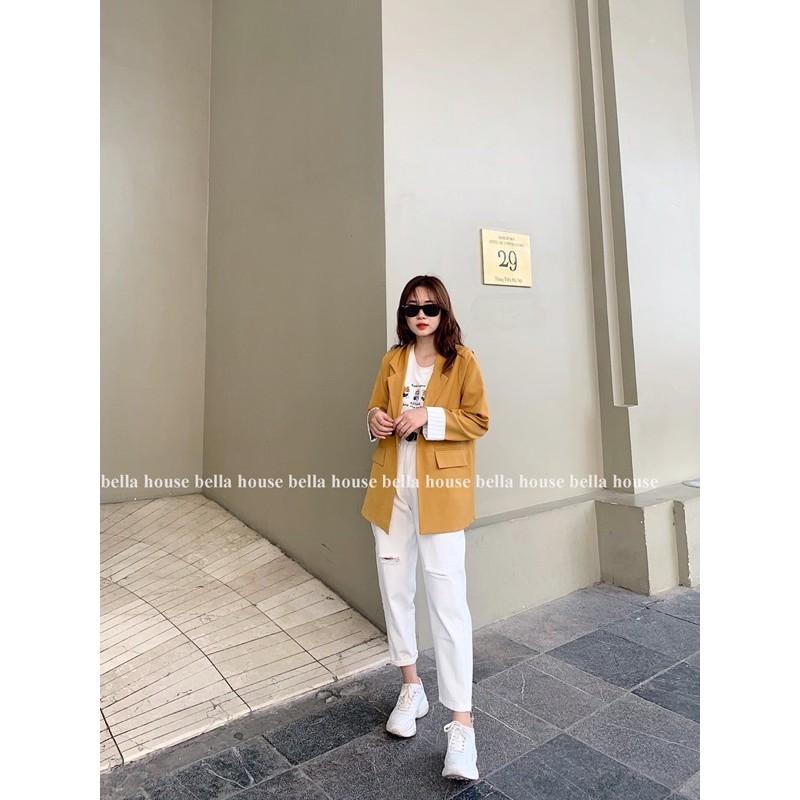 Áo blazer tay phối kẻ