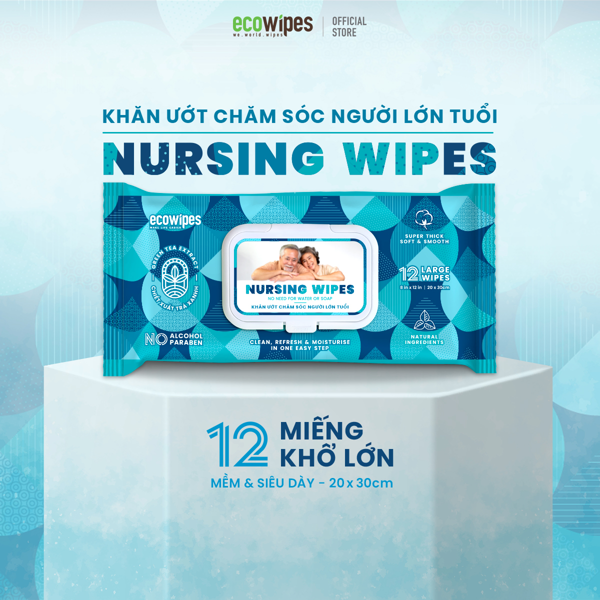 Khăn giấy ướt vệ sinh cơ thể NursingWipes gói 12 khăn size lớn 30x20cm hương trà xanh lau người lớn tuổi, người bệnh, người đi phượt dùng 1 lần