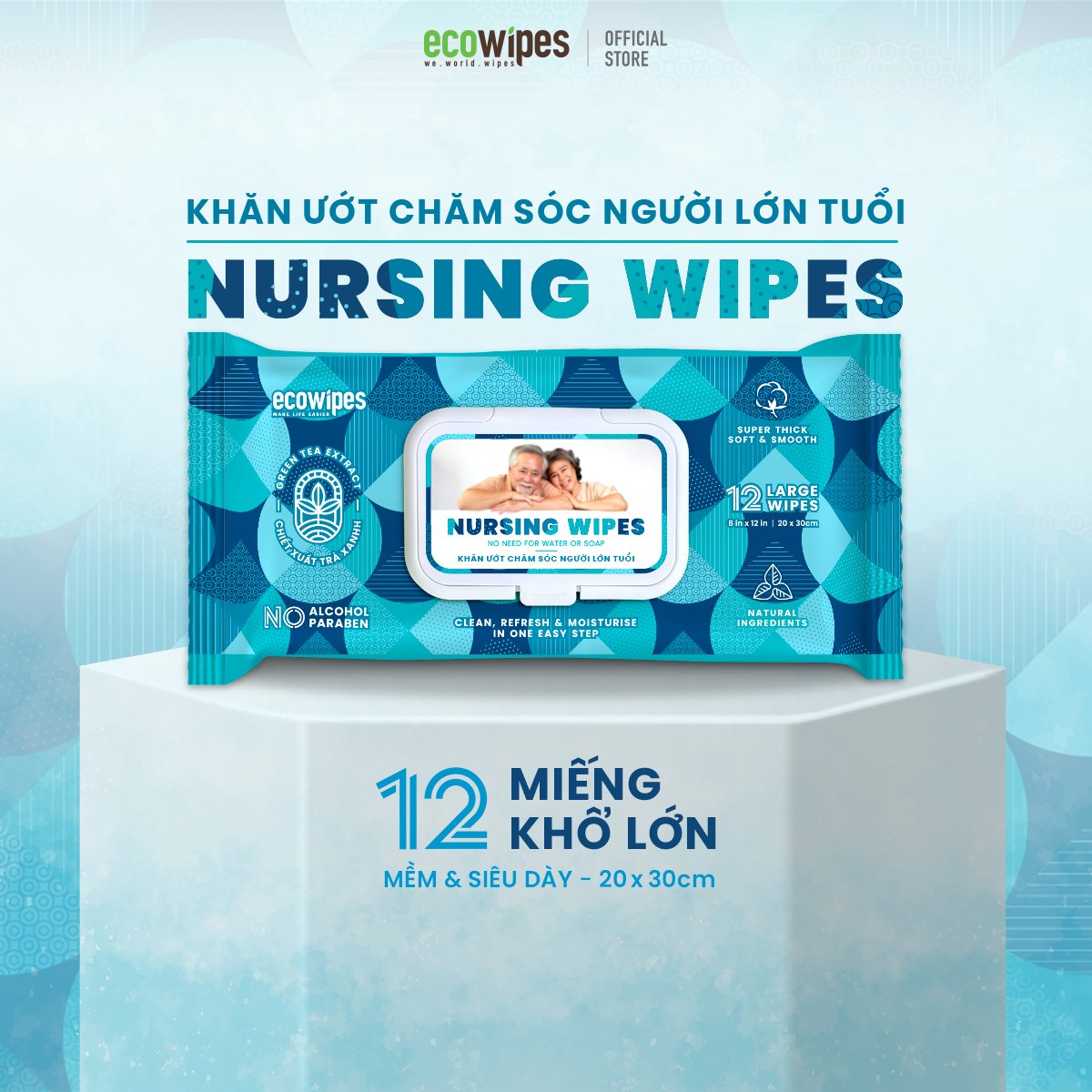 Combo 10 gói khăn giấy ướt vệ sinh NursingWipes gói 12 khăn size lớn 30x20cm hương trà xanh lau người lớn, người bệnh
