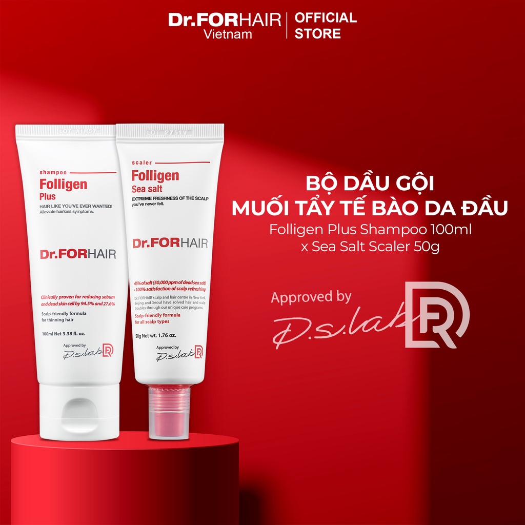 Bộ dầu gội đầu giảm rụng tóc giảm gàu sạch da đầu của Dr.FORHAIR Folligen Plus 100ml và Sea Salt Scaler 50g