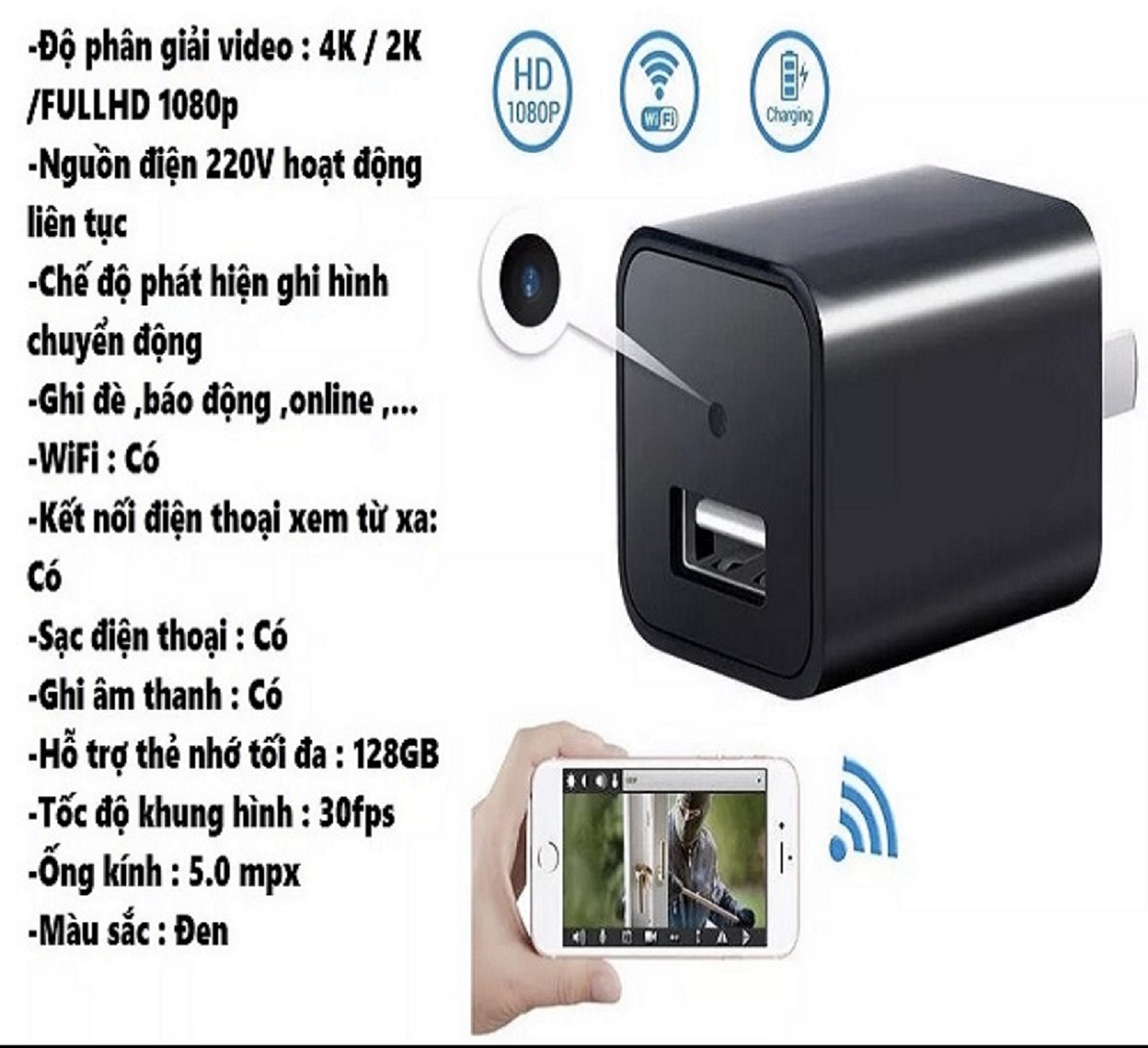 Camera mini Cục sạc. WiFi 4K FULLHD Kết nối điện thoại xem trực tiếp từ xa - Bảo hành 12 tháng