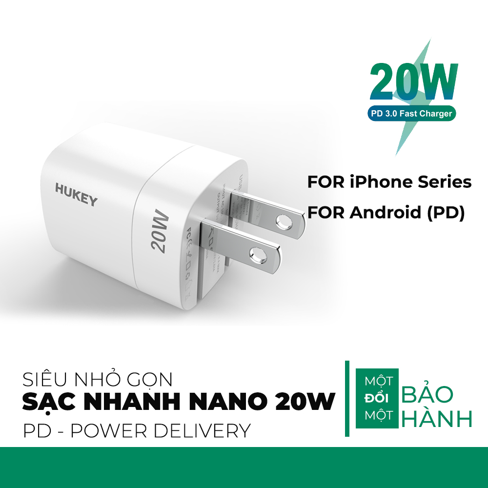 Cốc sạc nhanh PD 20W siêu nhỏ cho iphone 12 pro max , 11 và Android Hukey Nano Charger