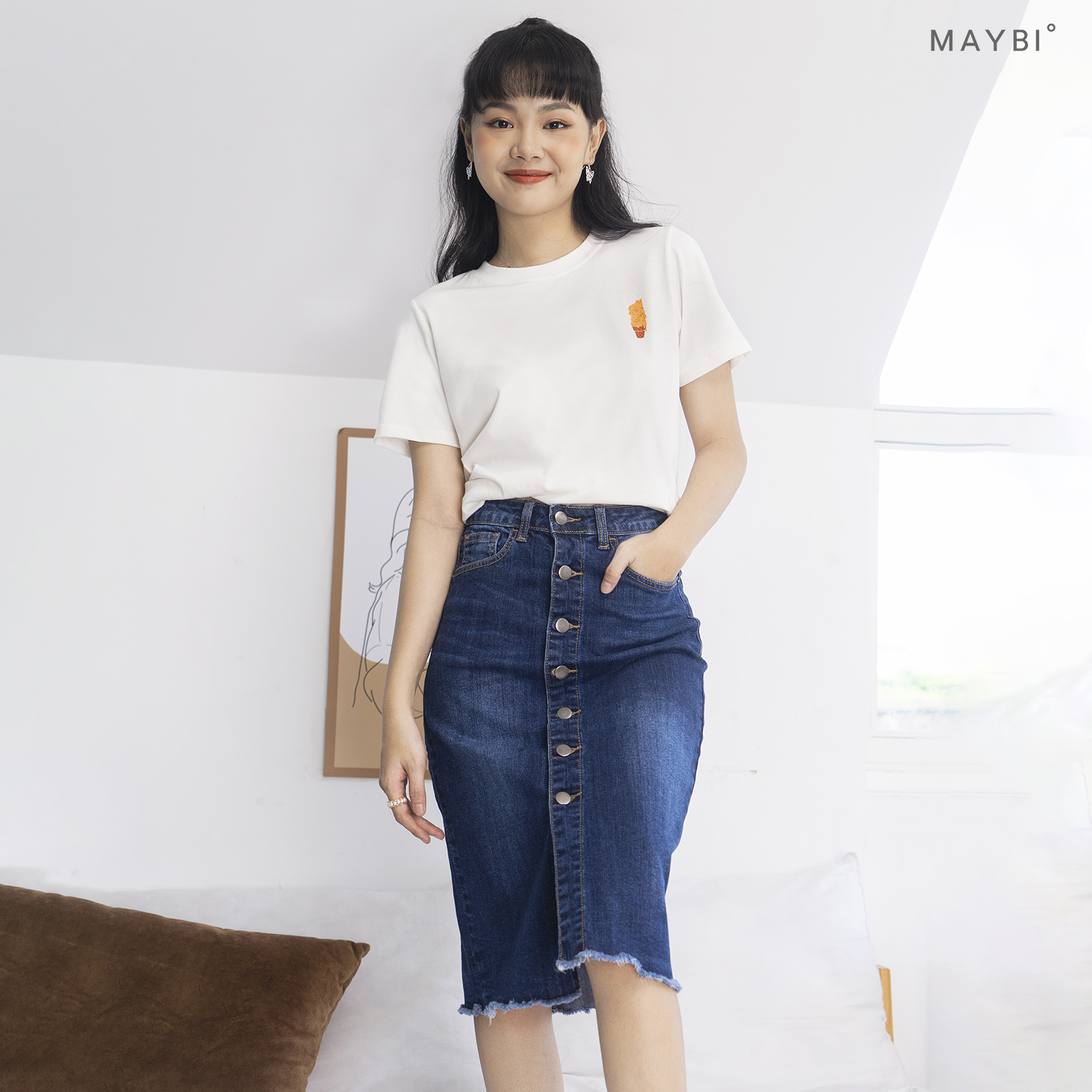 MAYBI - Chân váy jean dài xanh đậm