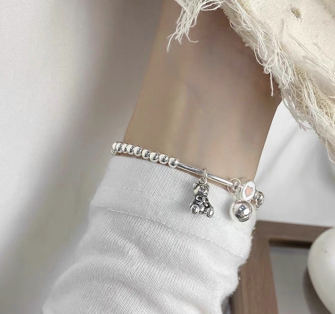 Lắc Tay Vòng Tay Nữ Bạc 925 Bi Trơn Mix Với Gấu Dễ Thương Bạc Hiểu Minh LTU574