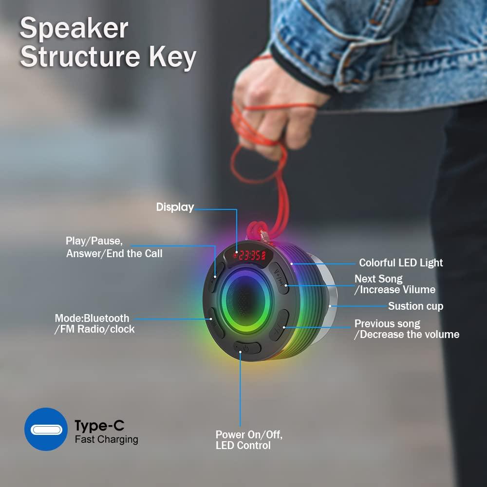 Loa tắm Bluetooth di động, loa mini-bluetooth-5.1 di động, loa IPX7 không thấm nước với lực hút và móc mạnh mẽ, âm thanh nổi Bluetooth-Radios HD 360 °, micrô tích hợp, 10 giờ chơi
