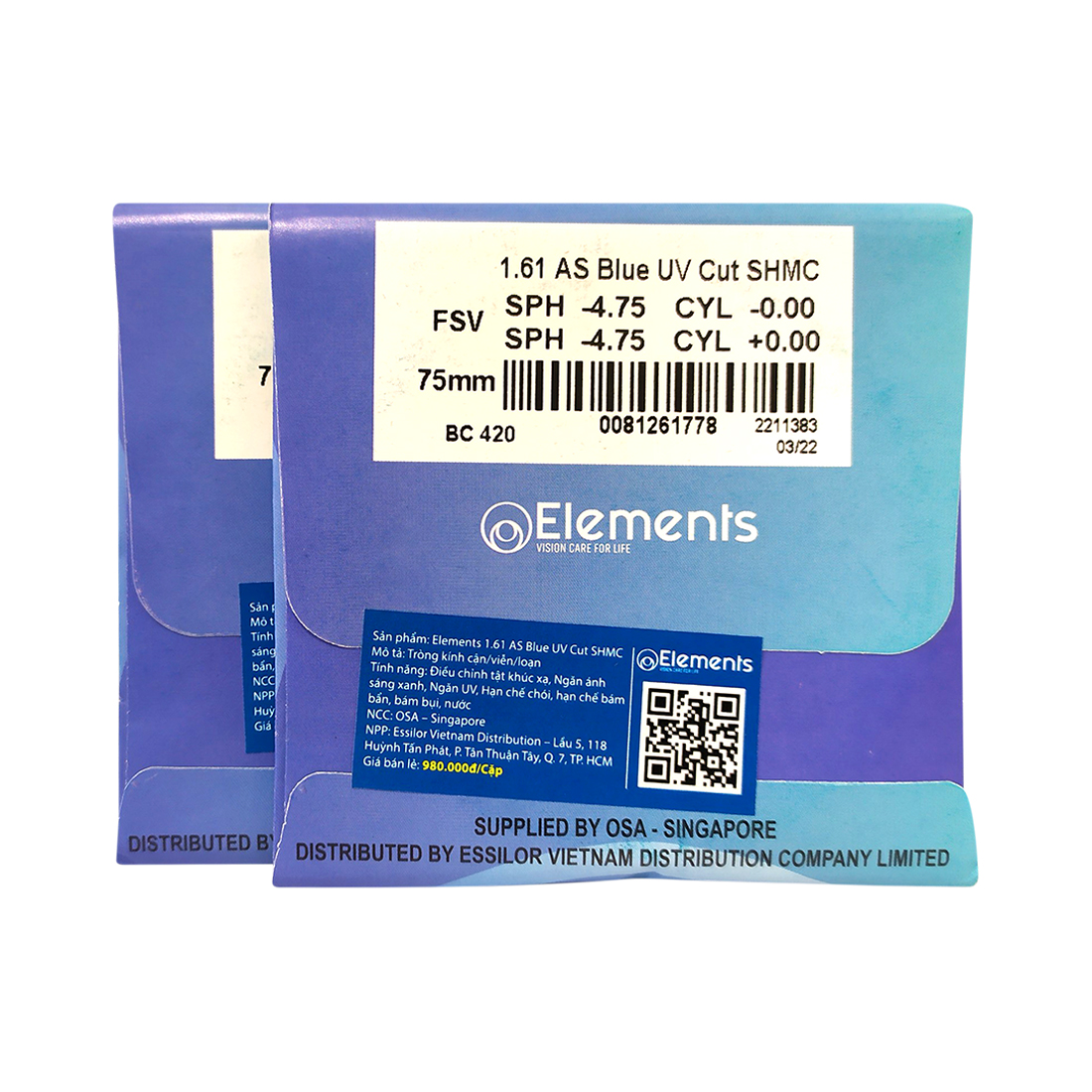 Tròng Elements Blue UV Cut chống ánh sáng xanh bảo vệ mắt khi ngồi máy tính điện thoại hạn chế trầy hạn chế vân tay (1 cặp) 1.61