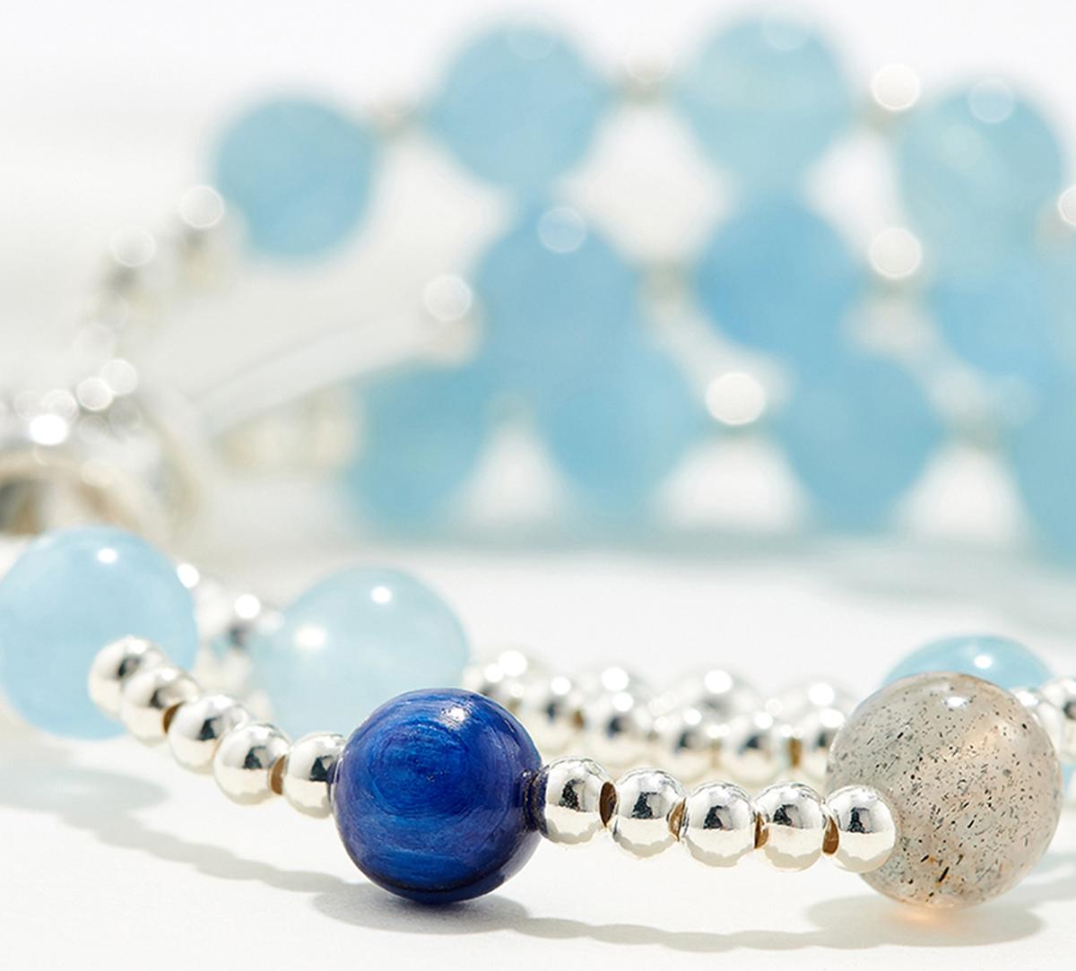 Vòng tay 3 line đá aqumarine charm bạc mệnh thủy, mộc - Ngọc Quý Gemstones