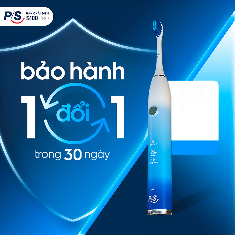Bàn Chải Điện P/S S100 PRO Trắng Răng Công Nghệ Sóng Âm Xanh Chải Sạch Mảng Bám Tới 10X 1 bộ
