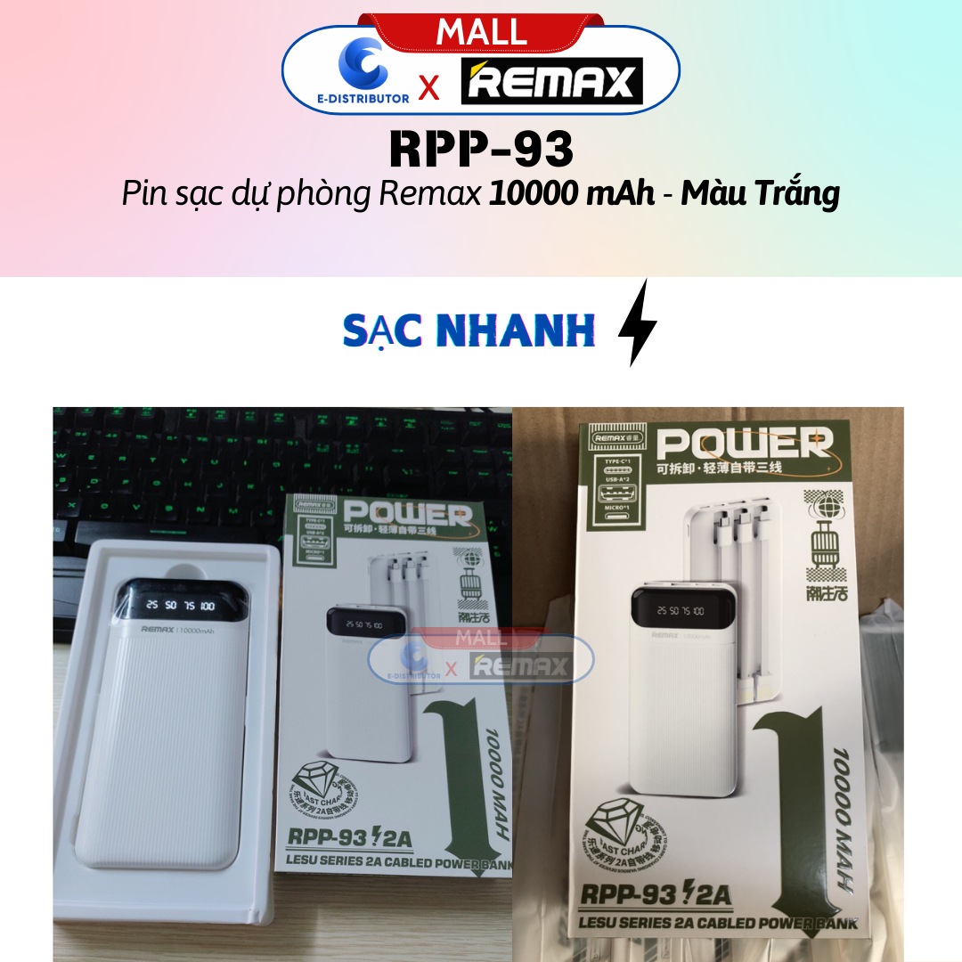 Pin Sạc Dự Phòng Remax 10000 mAh RPP93 Trắng - Hàng Chính Hãng - Bảo Hành 12 Tháng