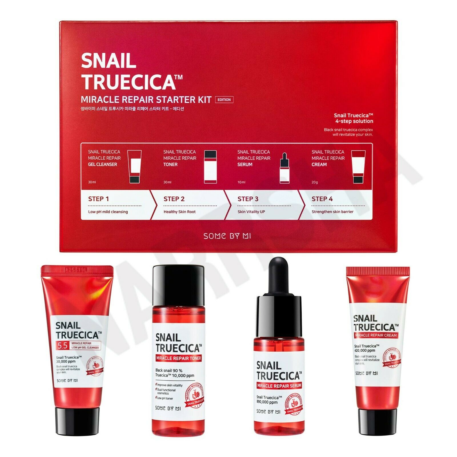 Bộ Dưỡng Da 4 món giúp săn chắc, Phục Hồi, Cải Thiện Vết Thâm, Sẹo Some By Mi Snail Truecica Miracle Repair( SRM+TONER+SERUM+ CREAM)