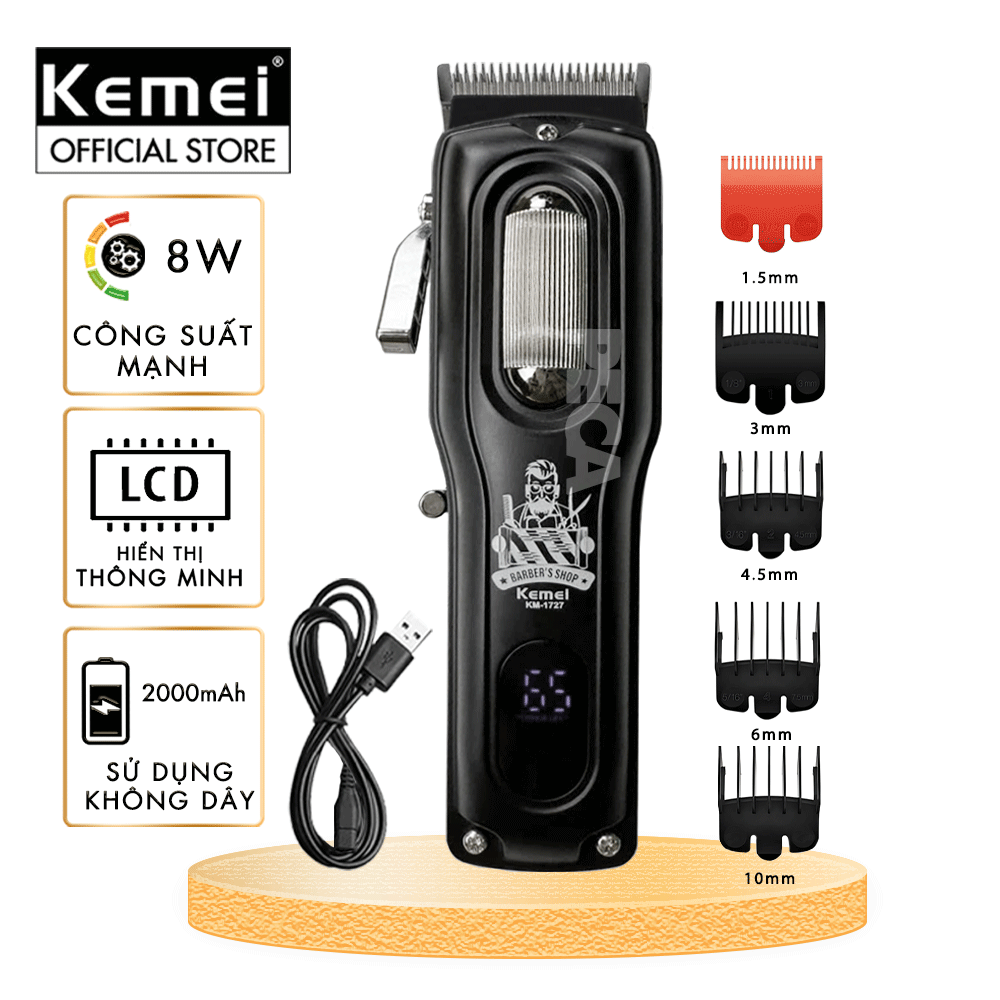 Tông đơ cắt tóc chuyên nghiệp Kemei KM-1727 công suất mạnh 8W màn hình LCD sạc nhanh USB tiện lợi - Chính hãng