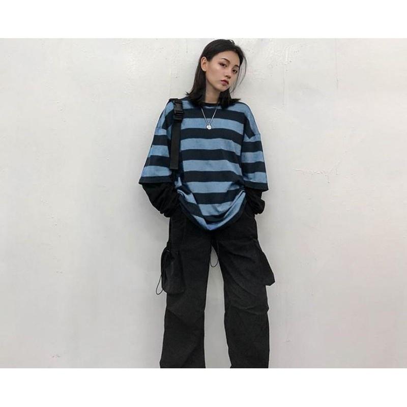 Áo dài tay kẻ ráp tay MEANSTORE phông Unisex nam nữ tee oversize form rộng pull Ulzzang Hàn Quốc vải mềm - Xanh đen