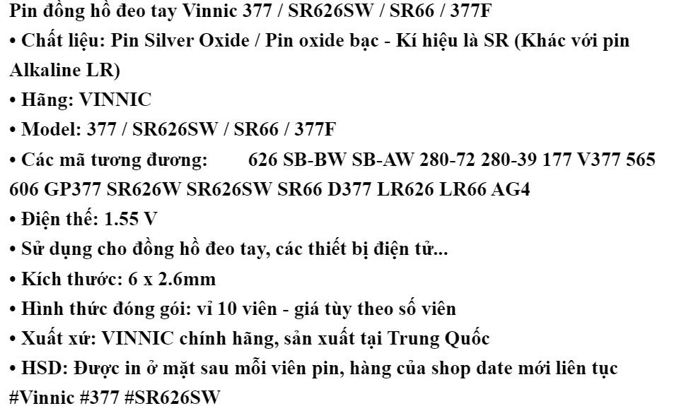 Pin đồng hồ oxit bạc Vinnic 377 / SR626SW / SR66 / 377F (Loại tốt - Giá theo số viên) - 1 Viên