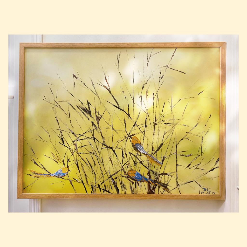 Tranh quà tặng ý nghĩa - Tranh canvas vẽ tay nghệ thuật- Tranh Nhà Liên- Tranh vẽ những chú chim và cánh đồng