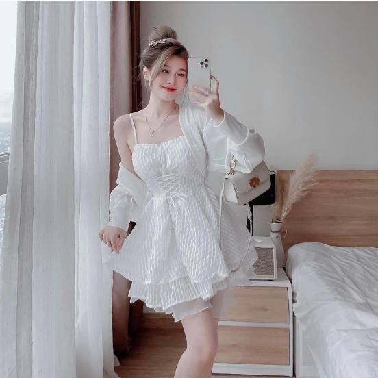 Set váy tiểu thư trắng 2 dây cao cấp, đầm xòe hai tầng phối áo khoác cardigan