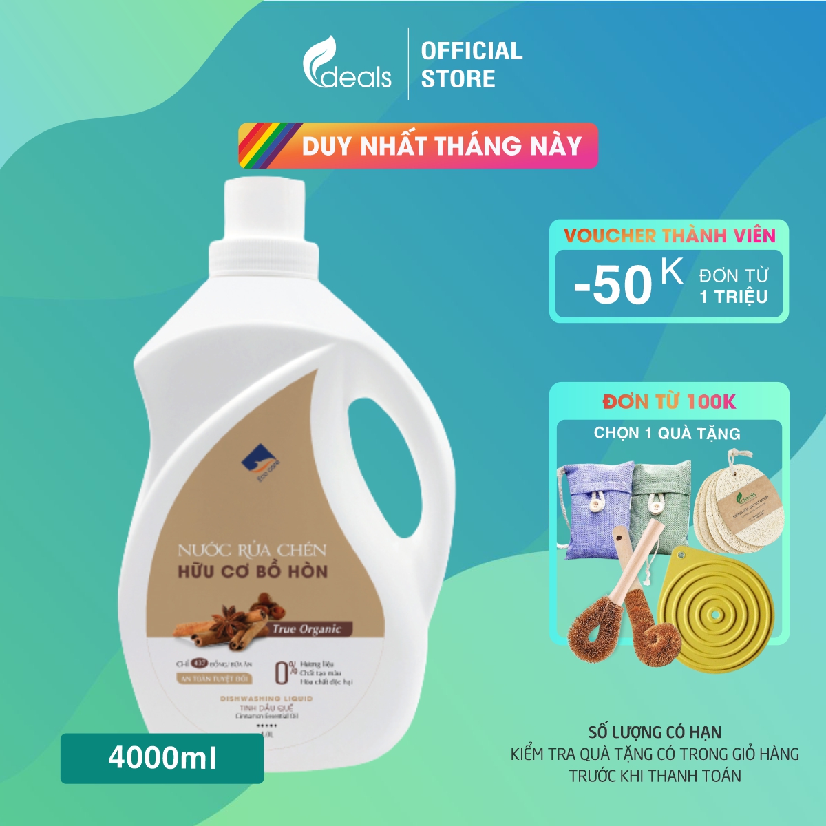 Nước Rửa Chén Hữu Cơ Bồ Hòn Ecocare - 100 Thực Vật, Không Hóa Chất, Tinh Dầu Khử Mùi, Chăm Sóc Da Tay, Tiết Kiệm Nước 30 - Chai 4000Ml - Sả Chanh