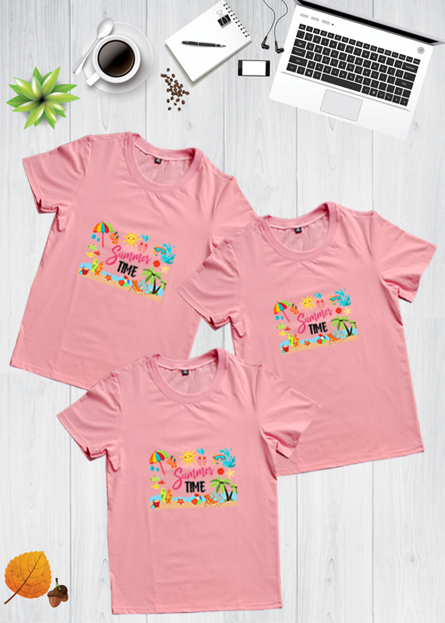 Áo Nhóm Họa Tiết Summer Time Màu Hồng Ruốc