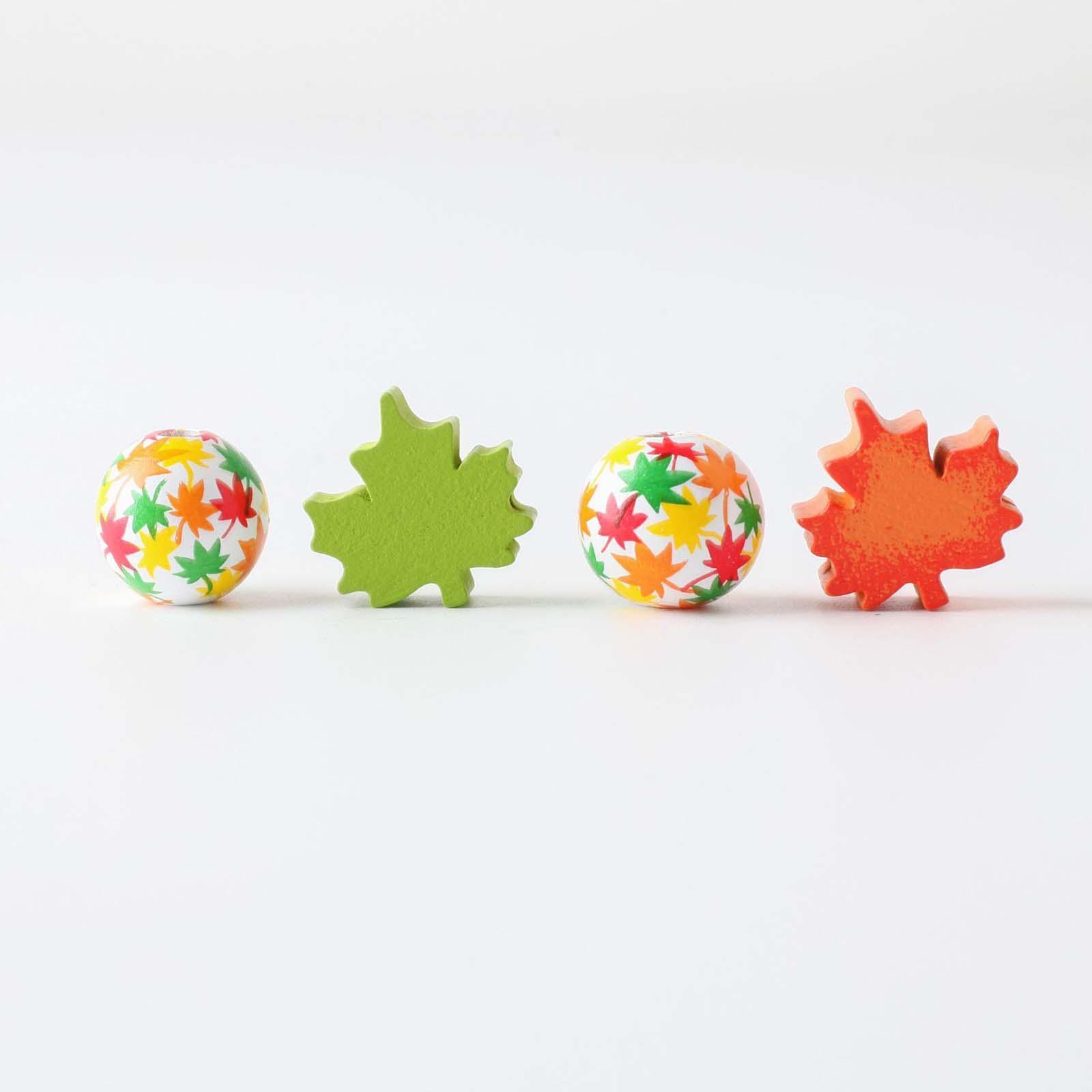 Thanksgiving Fall Beads Wooden Beads Beading Round Ornament Maple Leaf Beads Loose Beads Spacer Beads for Pendant DIY Crafts Jewelry Making