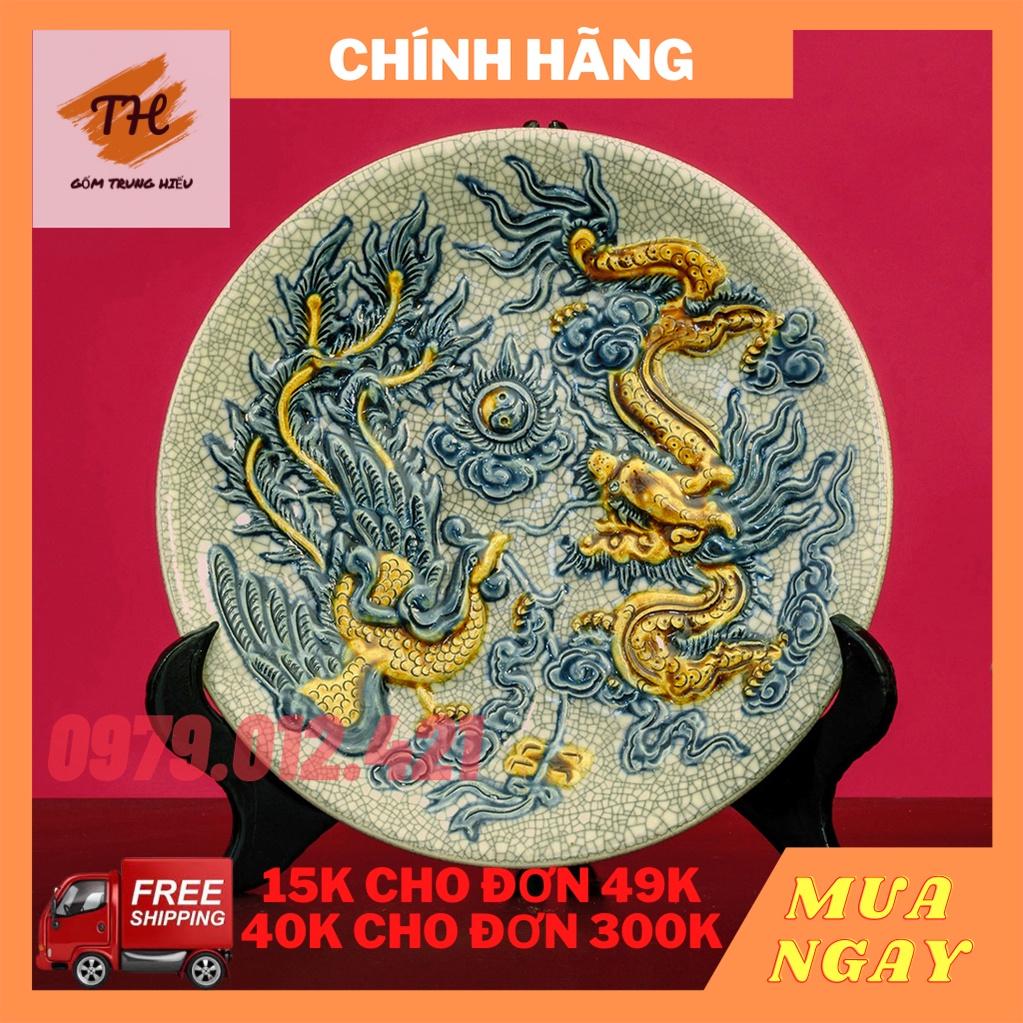 Mâm bồng Bát Tràng men rạn đắp nổi - hoạ tiết Rồng Phượng