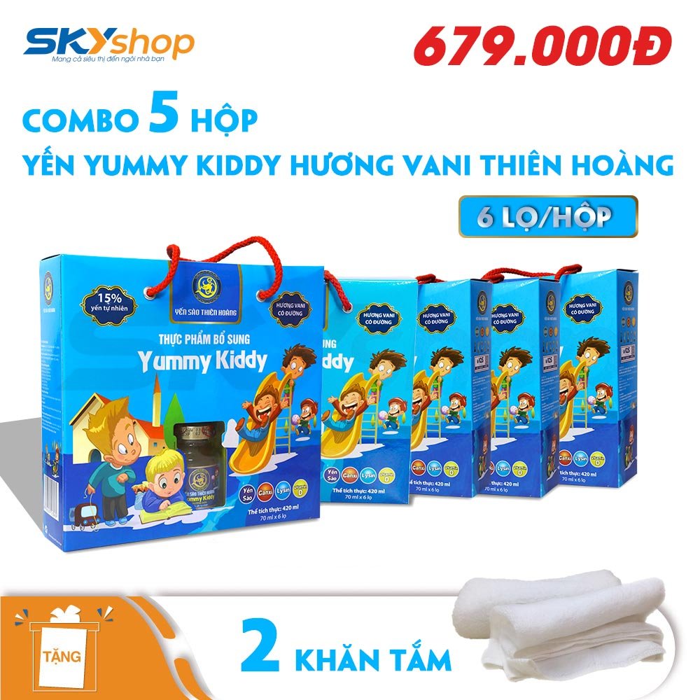 [ Combo 5 Hộp ] Yến Yummy Kiddy Hương Vani Thiên Hoàng (6 Lọ/Hộp) - Tặng 2 Khăn Đa Năng Hàn Quốc