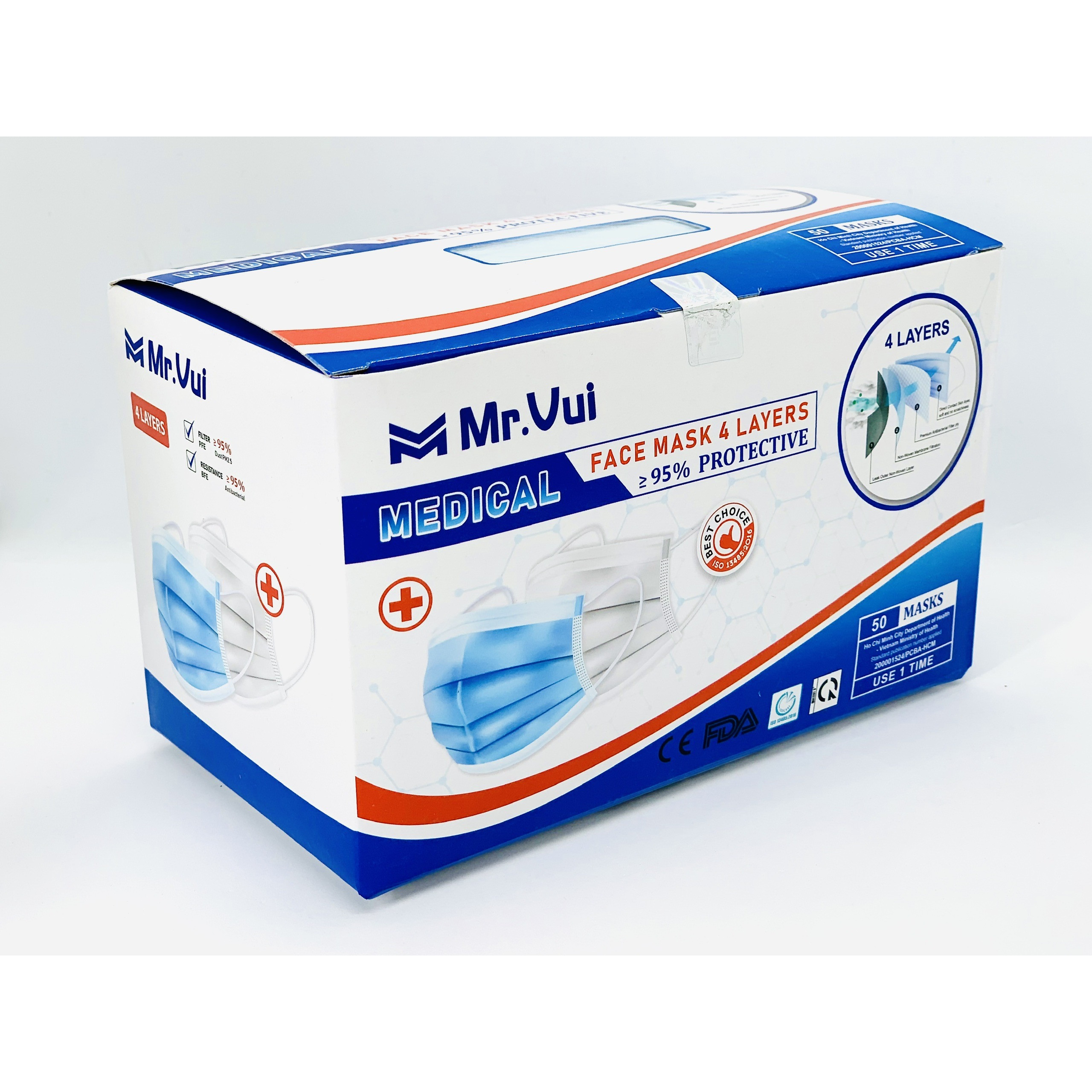 KHẨU TRANG Y TẾ 4 LỚP Mr.VUI - VẢI KHÔNG DỆT KHÁNG KHUẨN – HỘP 50 CÁI - MÀU XANH