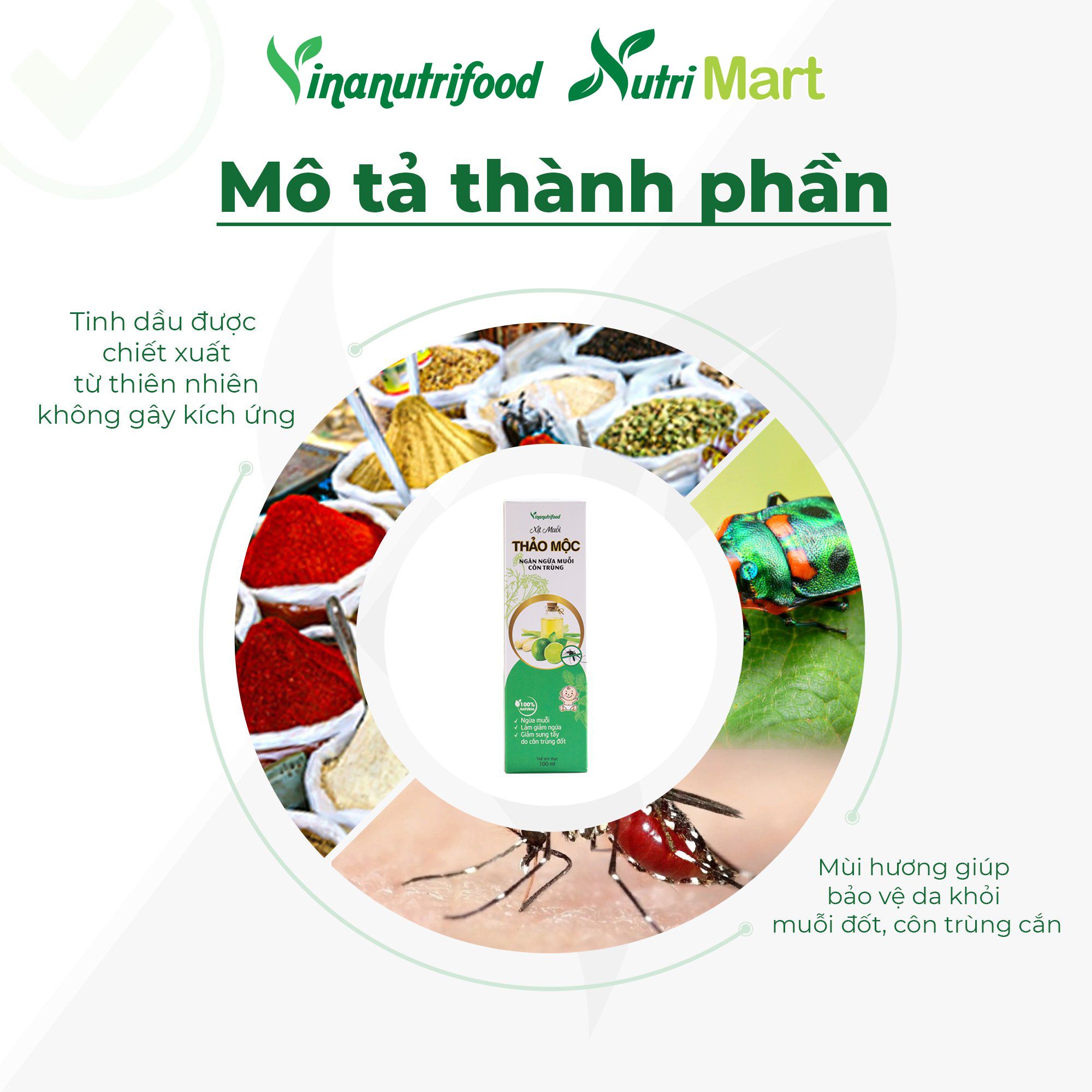 Xịt muỗi thảo mộc Vinanutrifood chiết xuất hoàn toàn từ các nguyên liệu tự nhiên, không hóa chất, an toàn cho cả trẻ nhỏ, bảo vệ da khỏi muỗi đốt, côn trùng cắn, làm mát, dịu da, giảm ngứa, dung tích 100ml