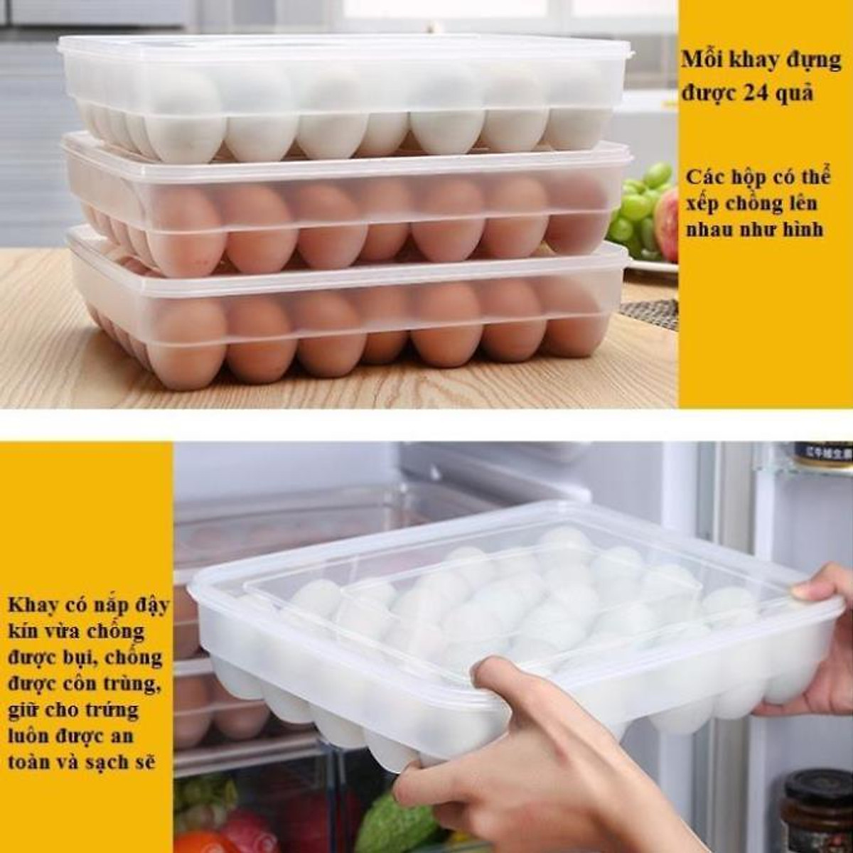Hộp đựng trứng 24 quả - Khay nhựa đựng trứng gà, vịt để tủ lạnh có nắp đậy tiện dụng - Hàng loại 1 chính hãng