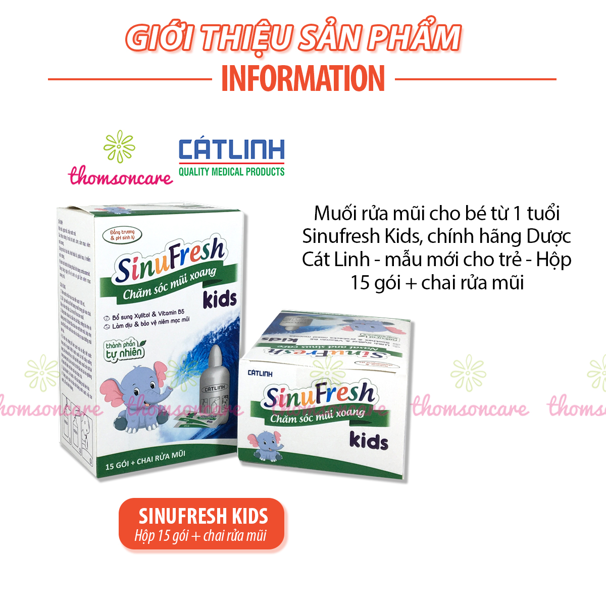 Bình rửa mũi cho bé Sinufresh Kids Cát Linh - Chai 180ml tặng kèm 15 gói muối nano - Dụng cụ có van điều chỉnh