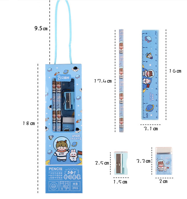 Bộ quà tặng dụng cụ học tập 5 món thước, bút chì, gôm, chuốt kèm hộp đựng cute dễ thương cho bé