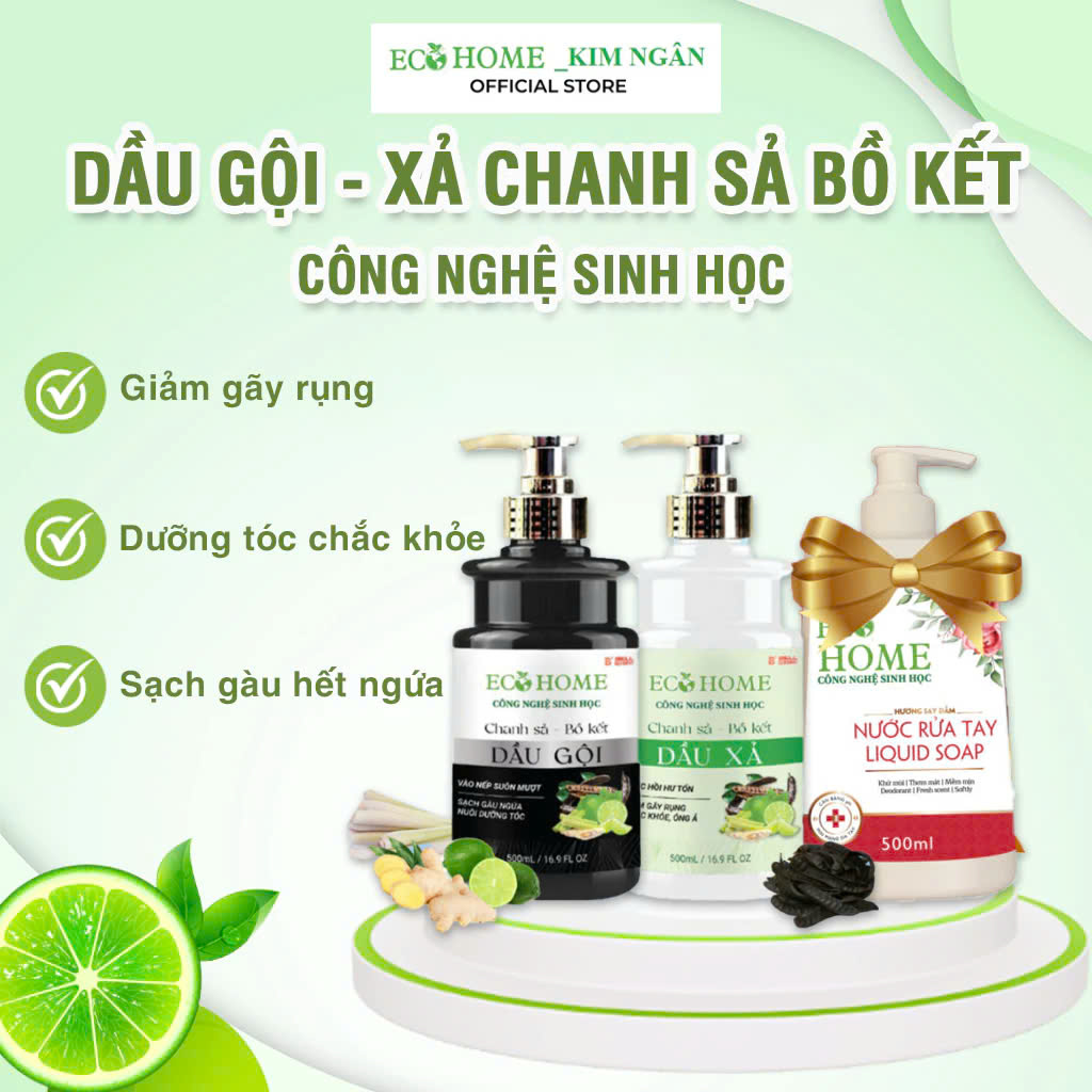 (Tặng nước rửa tay) Combo Cặp Dầu Gội Xả Chanh Sả Bồ Kết ECOHOME Kim Ngân Công Nghệ Sinh Học 500ml