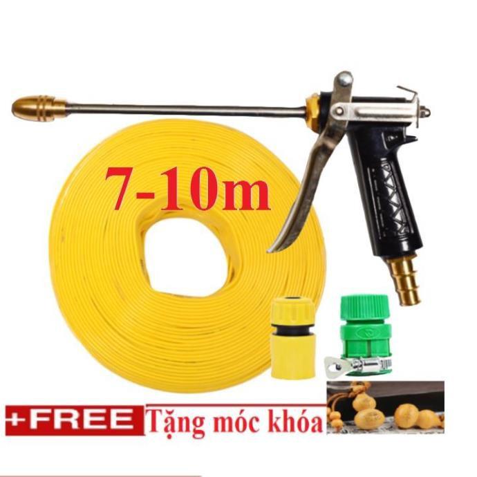Bộ dây vòi xịt nước rửa xe, tưới cây . tăng áp 3 lần, loại 7m, 10m 206318 đầu đồng,cút,nối vàng+tặng móc khoá
