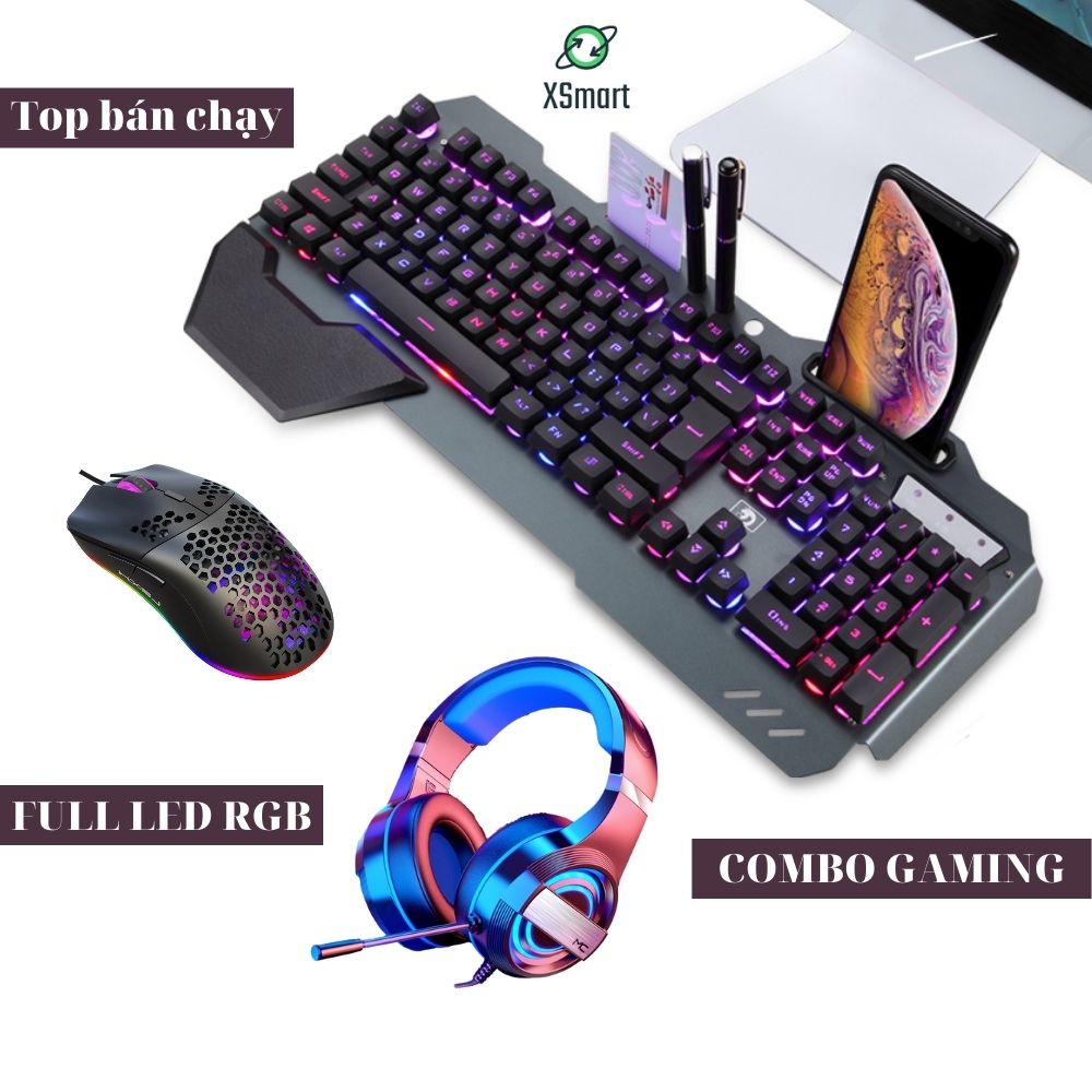 Bộ bàn phím và chuột chơi game XSmart kèm tai nghe chụp tai headphone FULL LED đổi màu kiểu dáng gaming k618+M8+Q9 7.1 - Hàng Chính Hãng