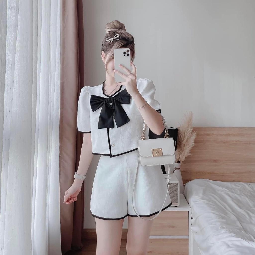 FREESHIP Set bộ đồ nữ áo croptop phối viền đính nơ đơn giản cute dành cho các tình yêu đi chơi, dạo phố KIM GIA DS