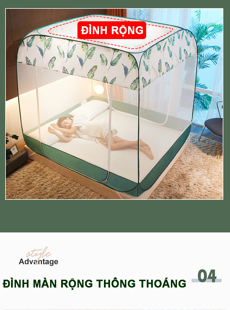 Mùng Chụp Màn Chụp Tự Bung người lớn cao cấp , Màn ngủ chống muỗi 1m8 x 2m , Cao 1m65 , 3 cửa , có đáy liền, đình rộng