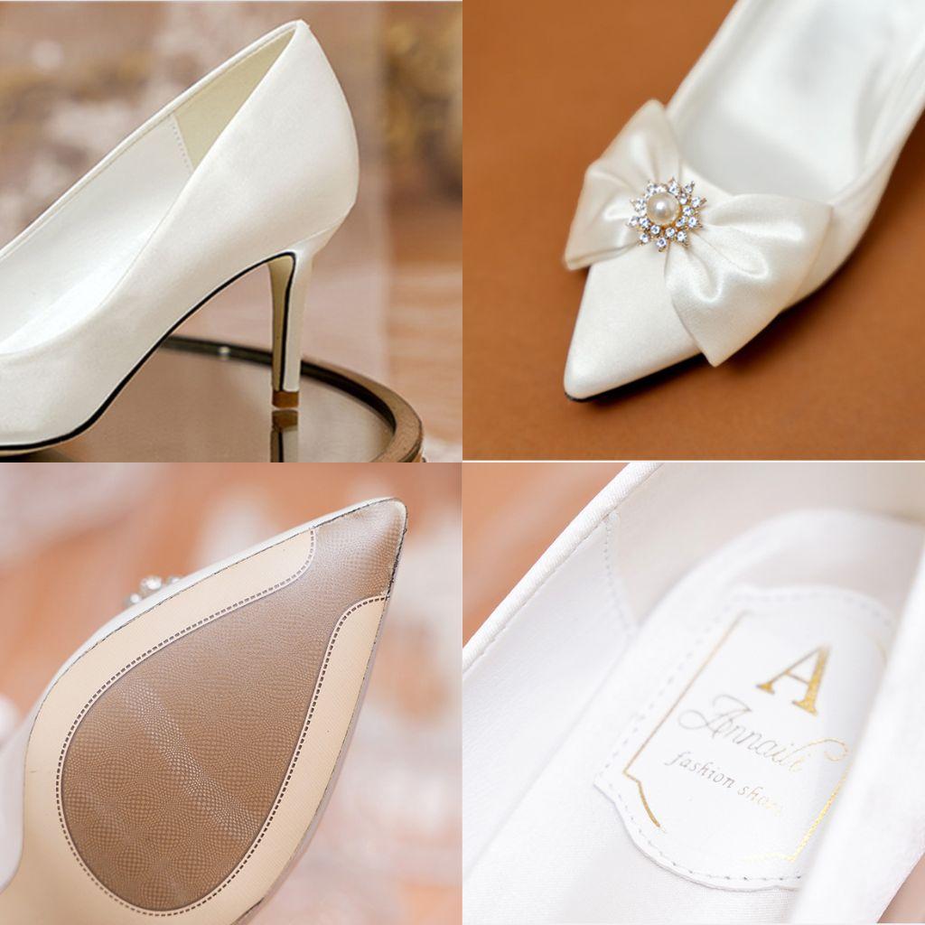 Giày cao gót, giày cưới cô dâu đẹp chất liệu lụa satin màu trắng đính nơ đá cao cấp - GCCD029