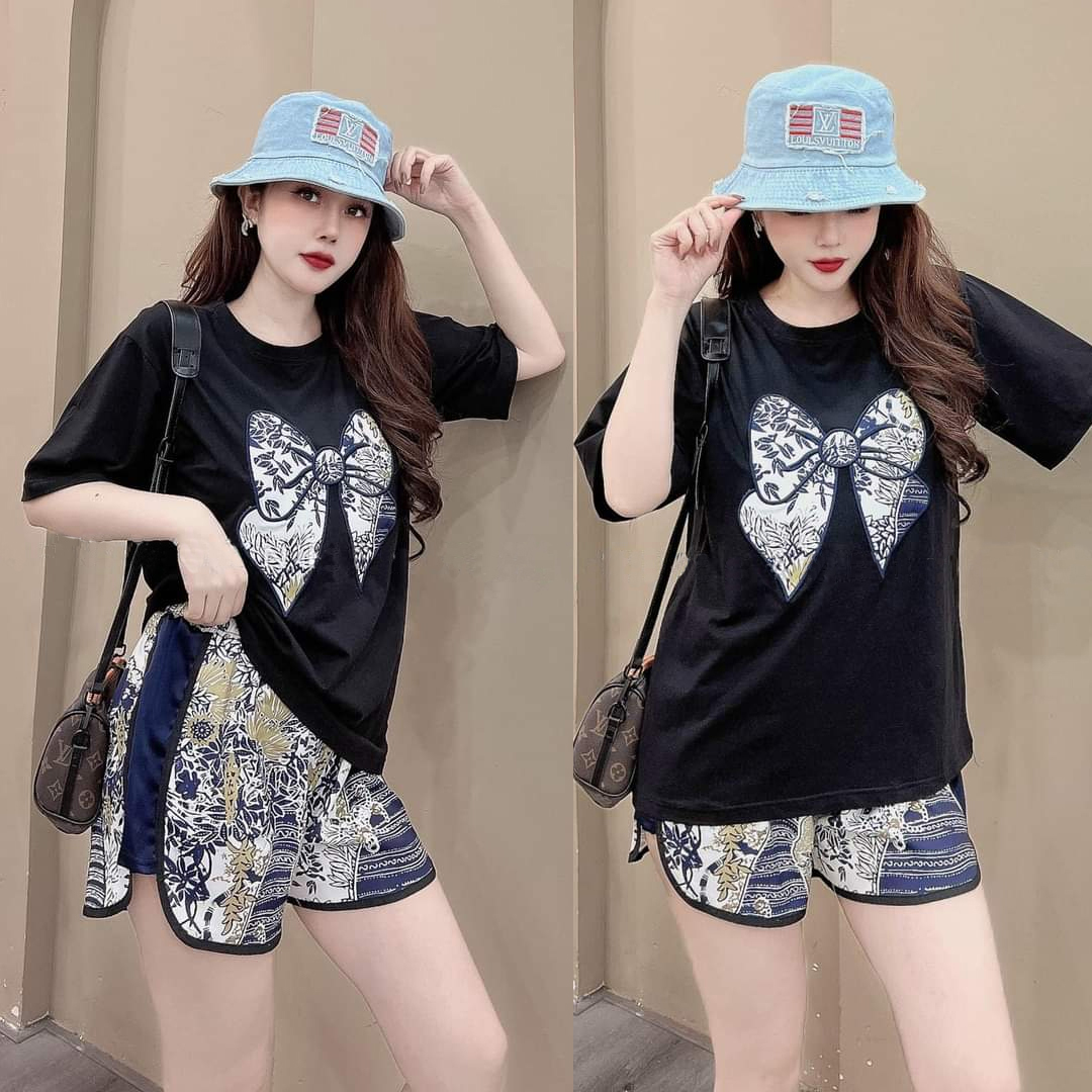 Đồ bộ thun đùi form rộng họa tiết nơ hiện đại