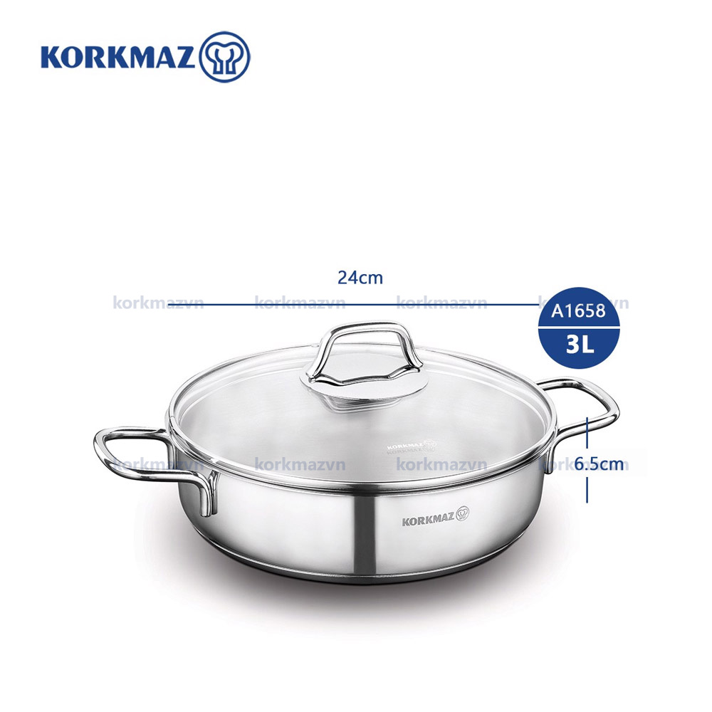 Nồi inox 18/10 thân thấp Korkmaz Perla 3 lít - 24x6,5 cm