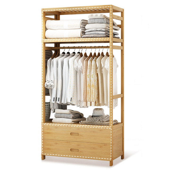 Tủ treo quần áo gỗ tre có ngăn kéo để đồ tiện lợi, giá treo quần áo 100cm TUR069