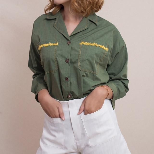 Áo pijama xanh rêu viền túi Freesize