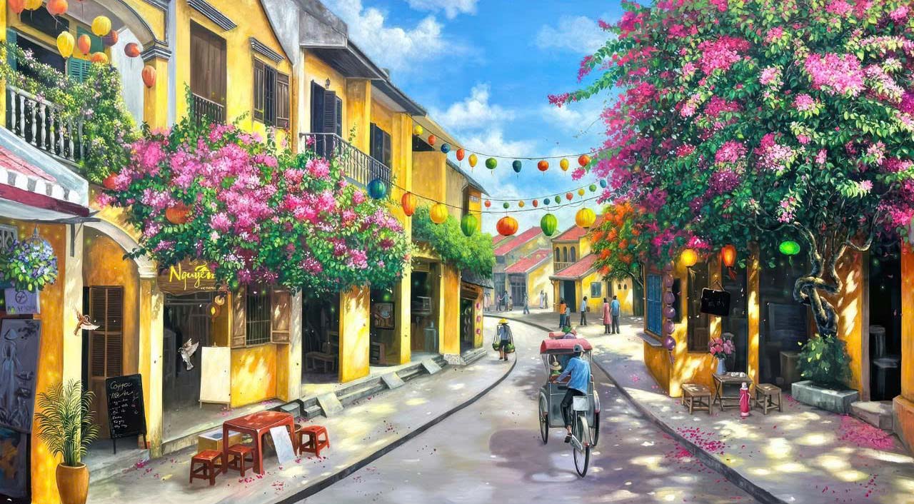 (HCM) Tranh dán tường 3d phố cổ Hội An tích hợp sẵn keo ( có in theo yêu cầu)