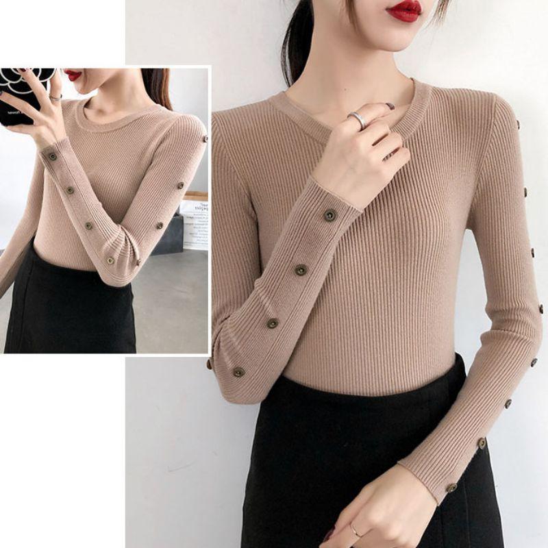 Áo dệt kim tay dài phối nút màu trơn thiết kế thanh lịch