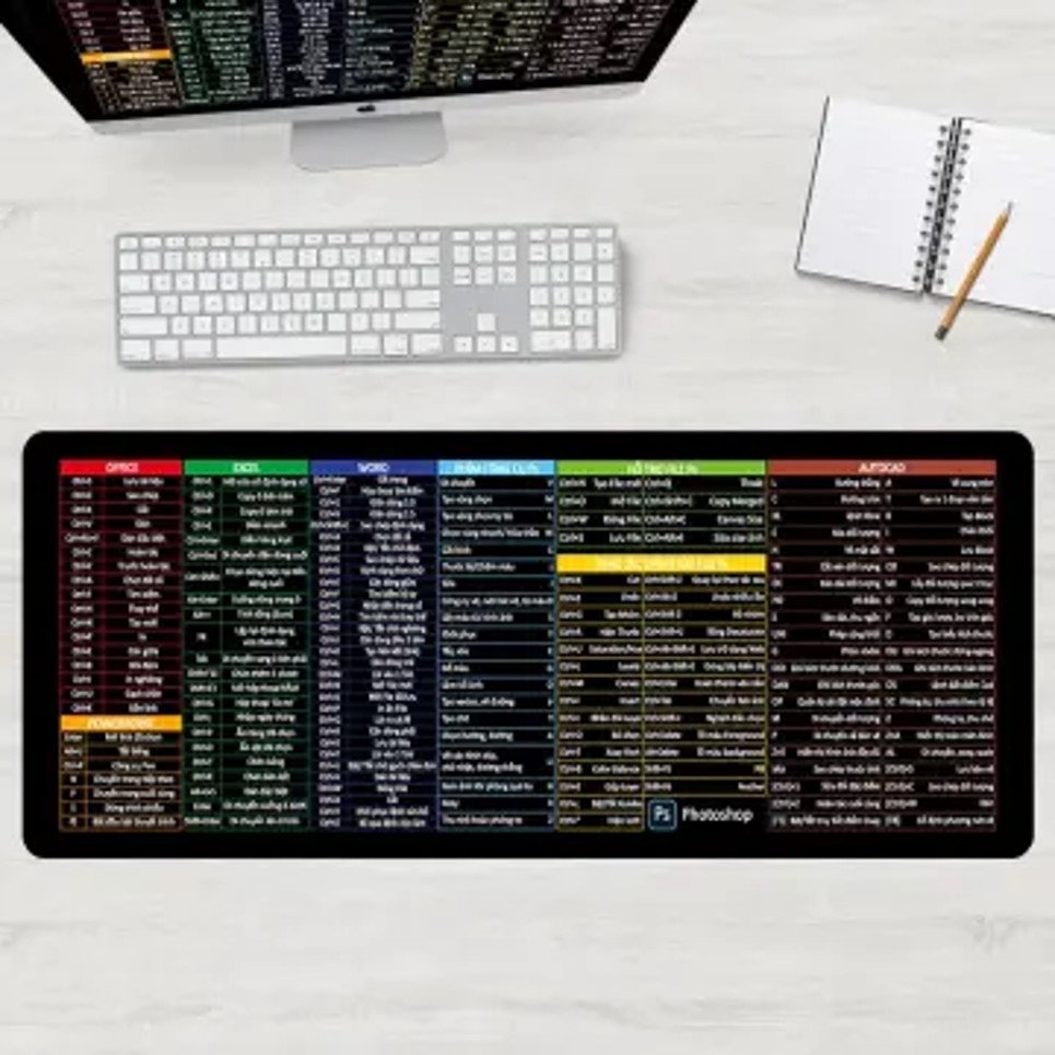 Lót chuột in phím tắt Excel, MS-Office, Photoshop, Word, Pad MOUSE , Các Phím Tắt Chuột Pad, Vải Dày, Có Khâu Viền
