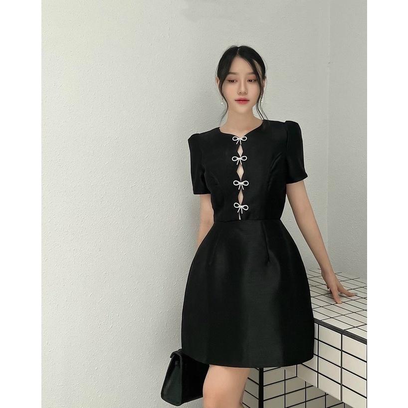 Đầm váy thiết kế khoét ngực tafta lót lụađính nơ đen tay ngắn phồng chữ A đi biển dự tiệc dạo phố bigsize cao cấp