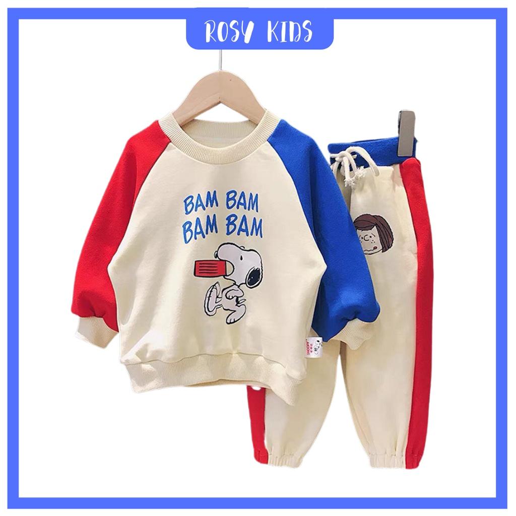 Bộ quần áo dài tay cho bé ROSY KIDS, Bộ Bam Bam thu đông chất nỉ Da Cá cao cấp in hình cực xinh cho bé từ 6-28kg