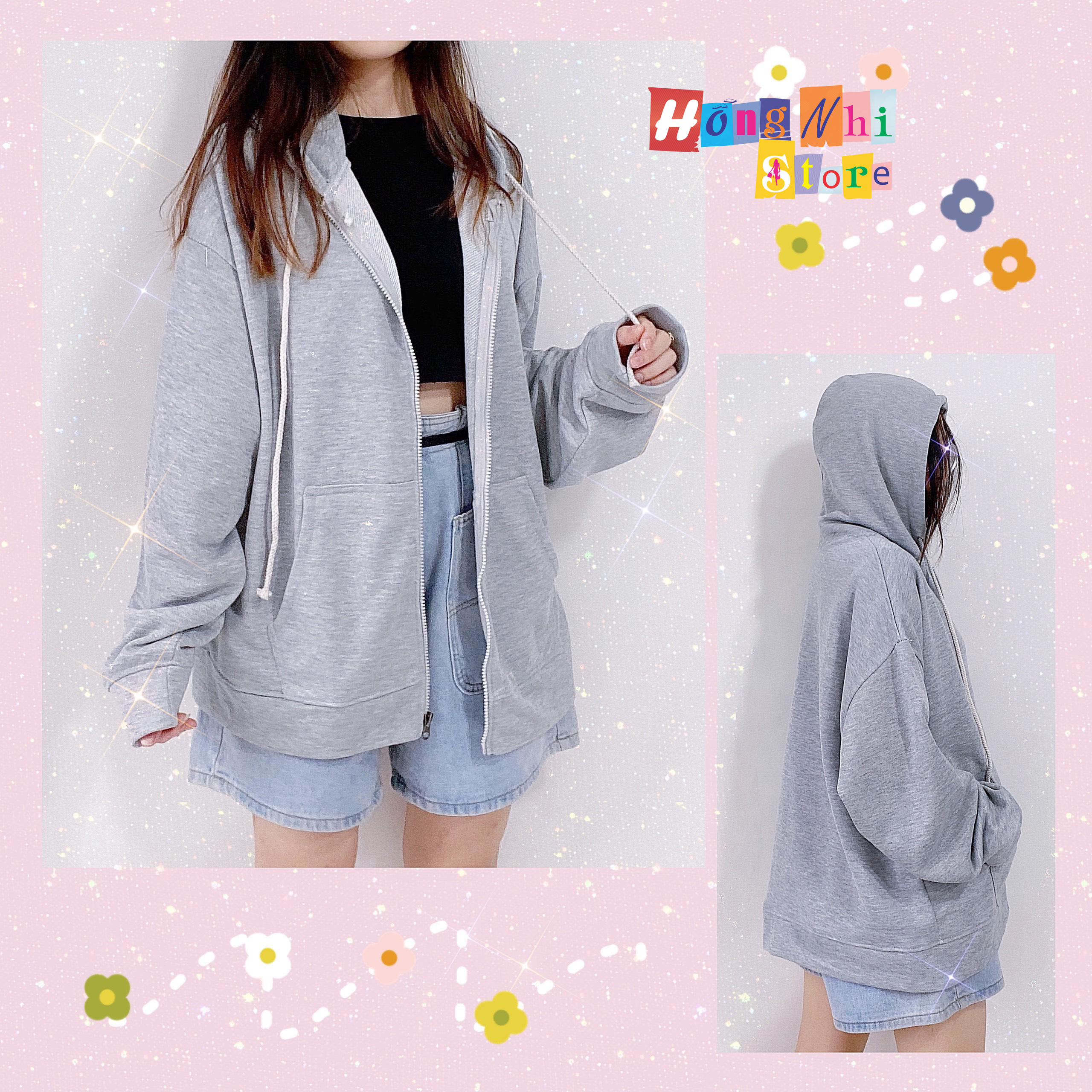 ÁO HOODIE ZIP UNISEX GREY - HOOODIE DÂY KÉO DÁNG RỘNG MÀU XÁM - MM