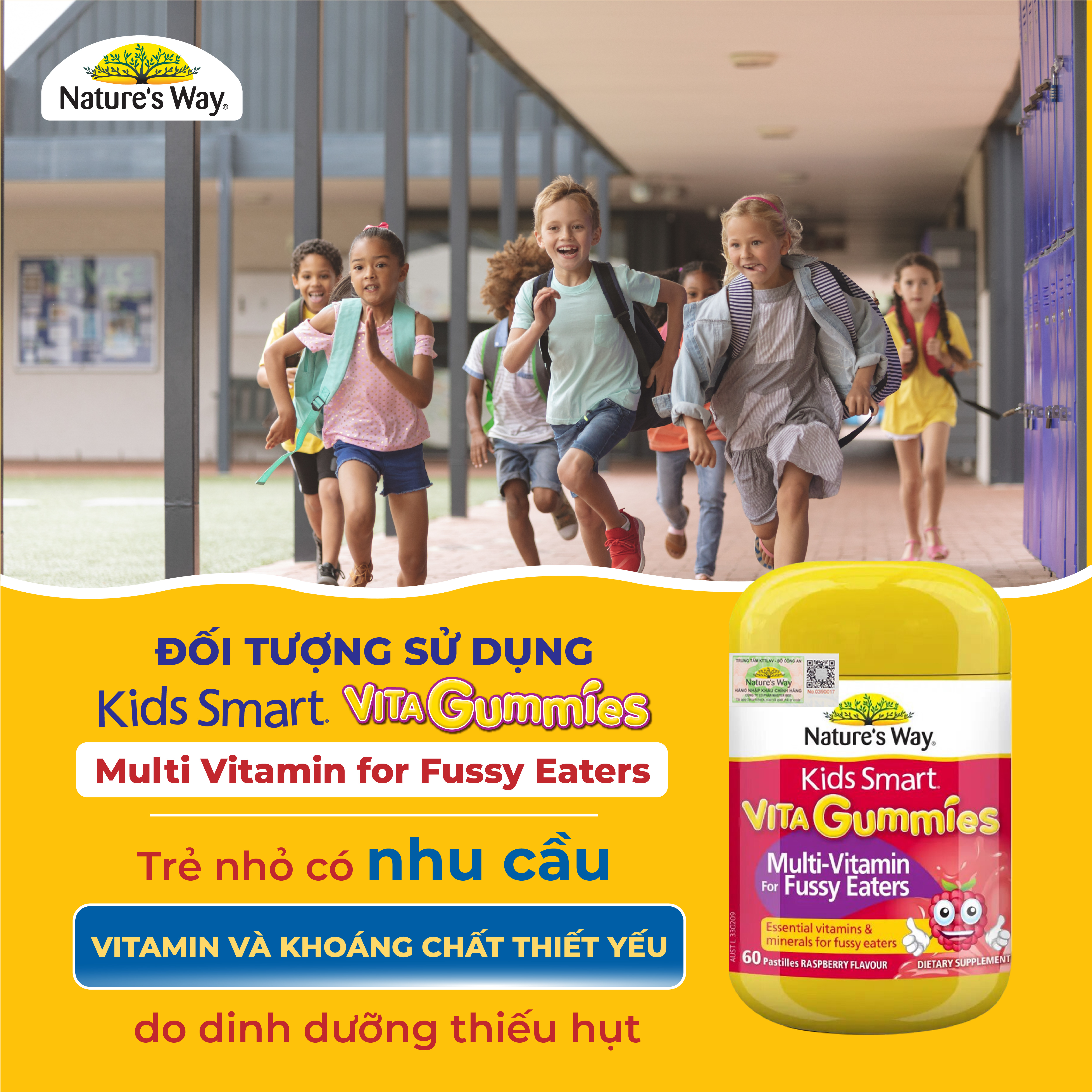 Kẹo Dẻo Vi Chất Cho Bé Nature's Way Kids Smart Vita Gummies Multi Vitamin for Fussy Eaters Kích Thích Ăn Ngon 60 Viên