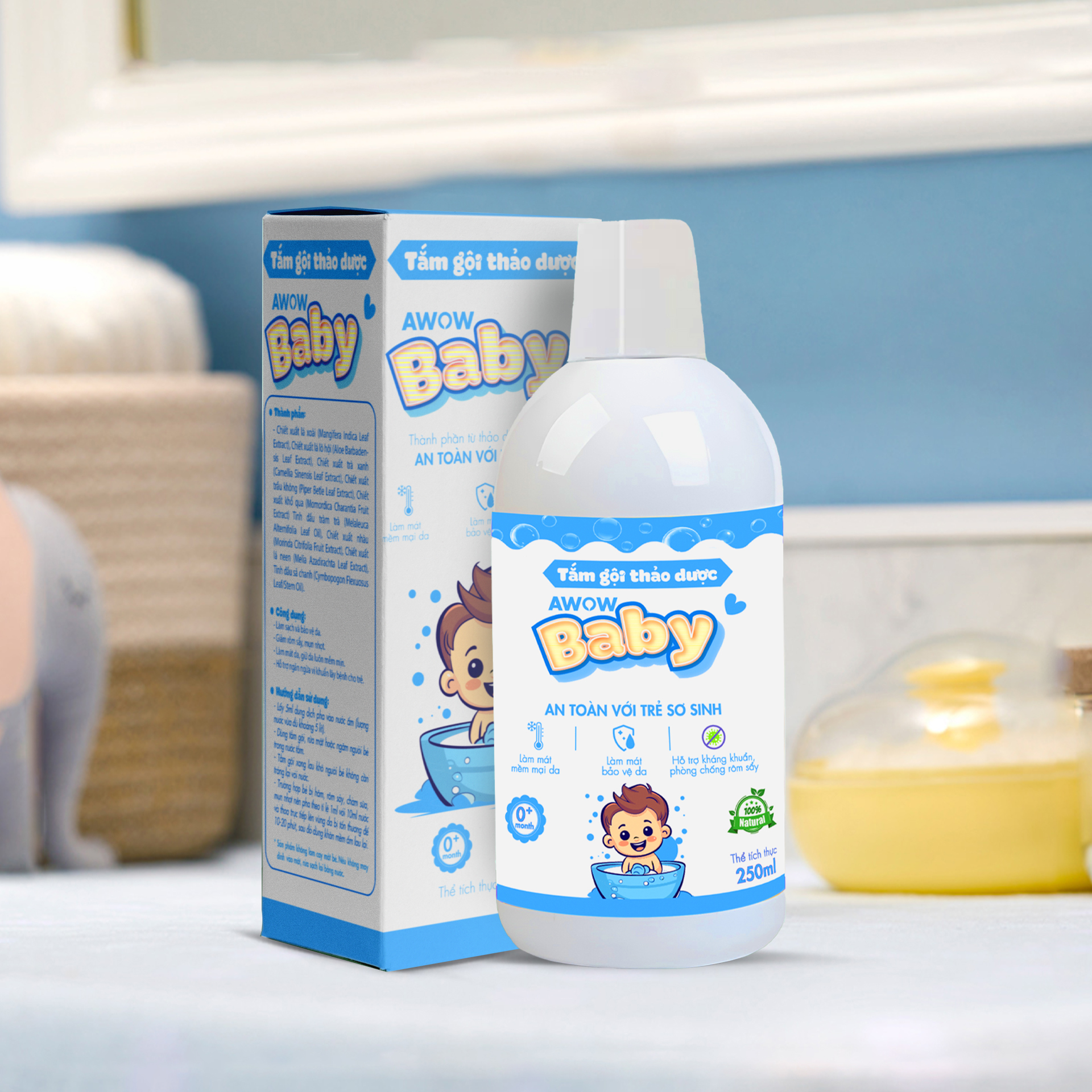 Nước Tắm Gội Thảo Dược Cho Bé AWOW BABY - Kháng Khuẩn, Dịu Da, Giảm Mẩn Ngứa Rôm Sảy, Hăm Da 250ml