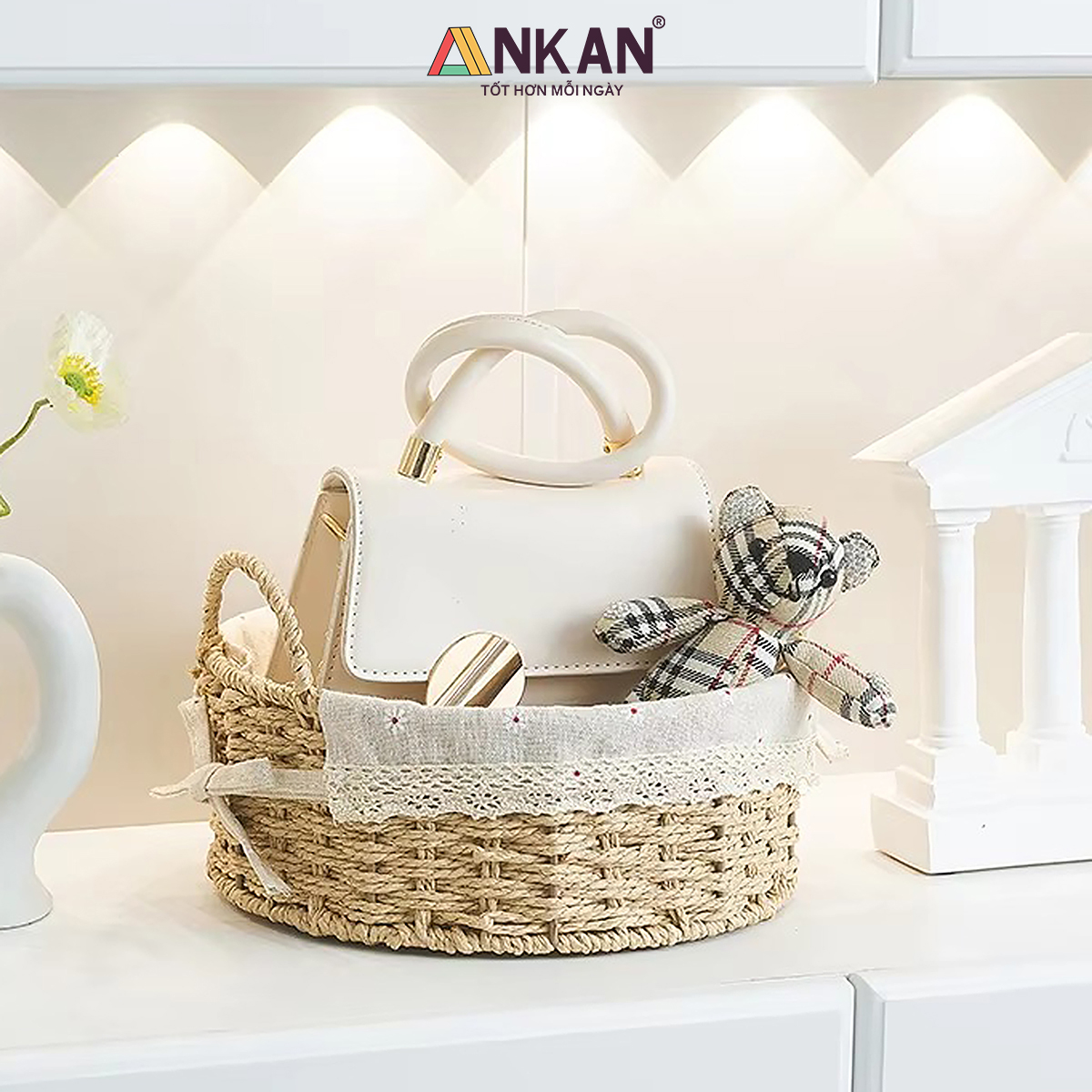 Giỏ Đựng Đồ Ăn Vặt Có Quai Hình Bầu Dục Lót Vải Hoa – Sợi Giấy Cán Mỏng Nhẹ Bền, Dễ Vệ Sinh